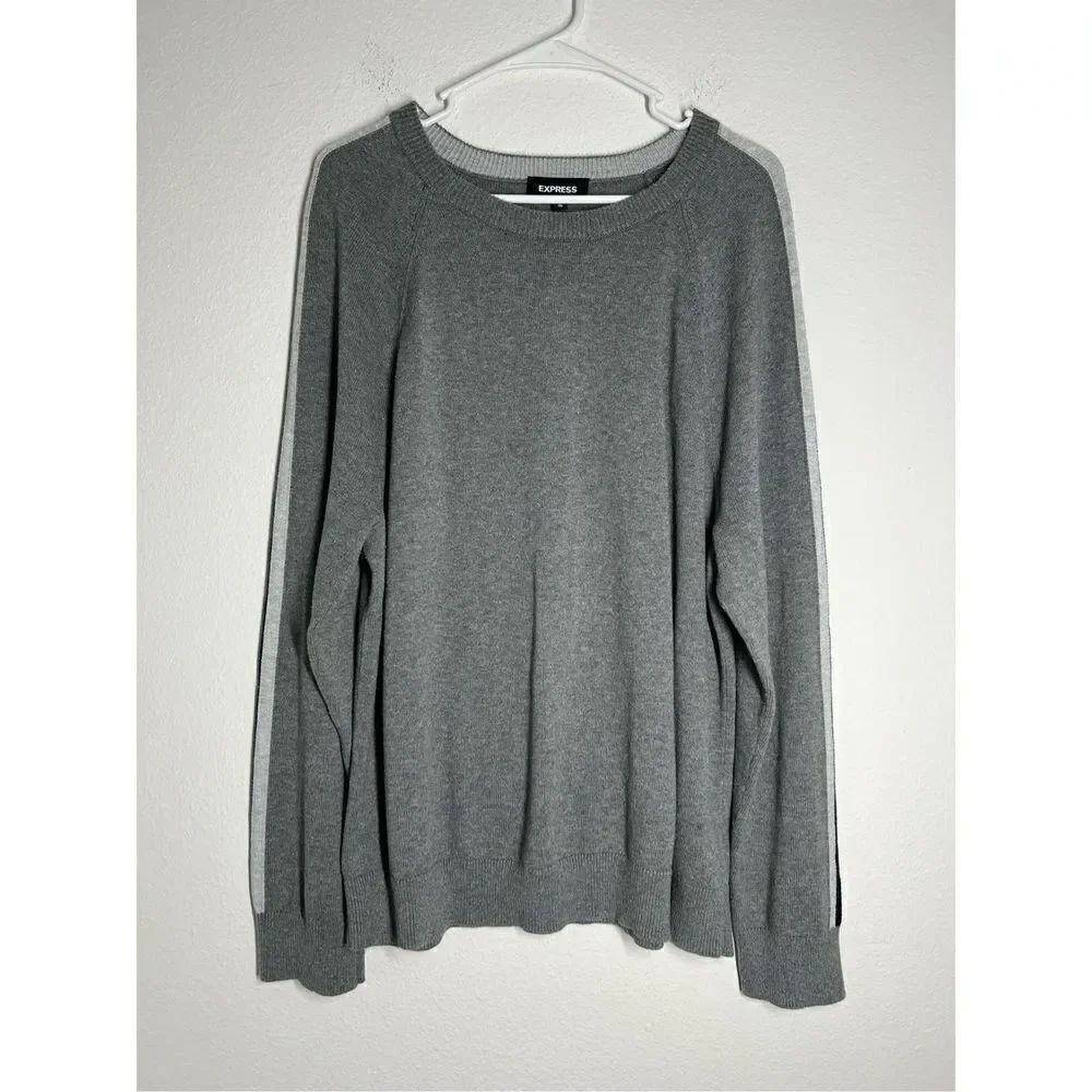 Express Gray Cotton Crewneck Sweater Long Sleeve Stripes Sleeve Size XL